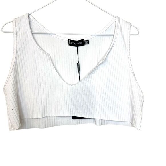 NWT Pretty Little Thing Rib Deep V-Neck Raw Edge Crop Top White Size 12 - Picture 1 of 5